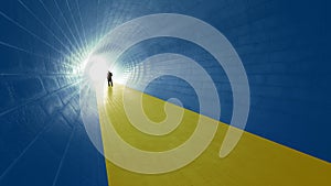 Blue and yellow tunnel, the Ukrainian flag,  with a bright light at the end as metaphor to hope, faith