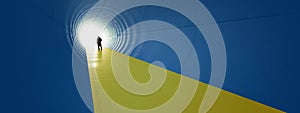 Blue and yellow tunnel, the Ukrainian flag colors, with a bright light at the end as metaphor to hope