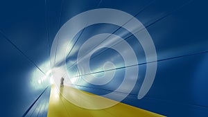 Blue and yellow tunnel, the Ukrainian flag colors, with a bright light at the end as metaphor to hope