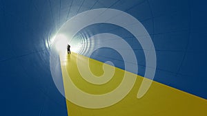 Blue and yellow tunnel, the Ukrainian flag colors, with a bright light at the end as metaphor to hope