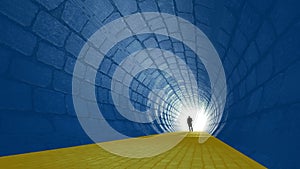 Blue and yellow tunnel, the Ukrainian flag colors, with a bright light at the end as metaphor to hope