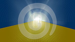 Blue and yellow tunnel, the Ukrainian flag colors, with a bright light at the end as metaphor to hope