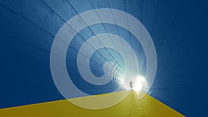 Blue and yellow tunnel, the Ukrainian flag colors, with a bright light at the end as metaphor to hope