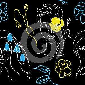 Blue and yellow ua vector pattern with woman face and flower instead of eye. One continuous line art drawing pattern in