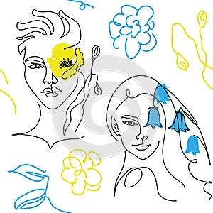 Blue and yellow ua vector pattern with woman face and flower instead of eye. One continuous line art drawing pattern in