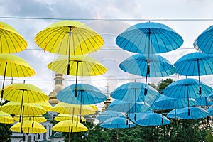 Blue and yellow umbrellas