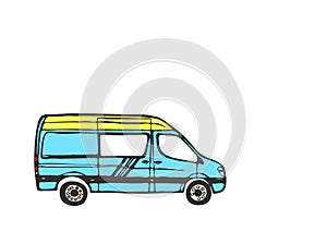 Blue and yellow van isolated on white background. Illustration.