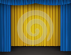 Blue and yellow velvet curtains on theater stage