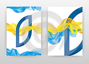 Blue yellow waving lines design for brochure, flyer, poster. Blue B letter alphabet waving lines textured background vector