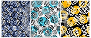 Blue, Yellow, White and Black Dotted Seamless Vector Patterns.