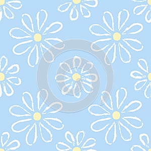 Square seamless pattern with hand-drawn chamomilies on a blue background