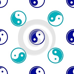 Blue Yin Yang symbol of harmony and balance icon isolated seamless pattern on white background. Vector