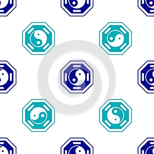 Blue Yin Yang symbol of harmony and balance icon isolated seamless pattern on white background. Vector