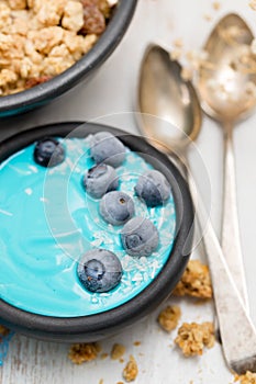 Blue yogurt with berries in the black bowl