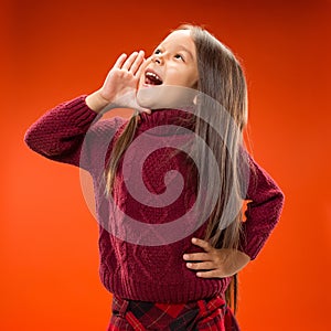 on blue young casual teen girl shouting at studio