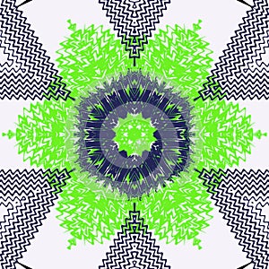 Blue zikzak hexagon shape flower shape art design tile texture in green shades pattern on white color background.