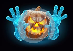 Between blue zombie hands is a carved pumpkin with a creepy face that burns inside and creates fear on Halloween night