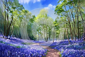 Bluebell Wood - Watercolour Painting. Generative AI