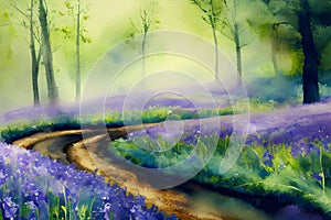 Bluebell Wood - Watercolour Painting. Generative AI