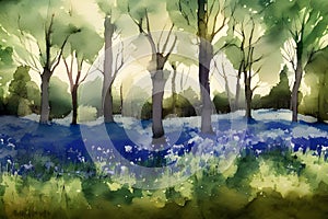 Bluebell Wood - Watercolour Painting. Generative AI