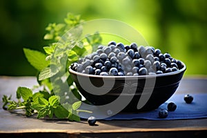 Blueberries in a black bowl. Biologically active supplement - pills for healthy eyes on green luscious background