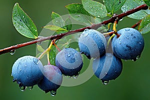 Blueberries on a blueberry tree branch. Generative Ai