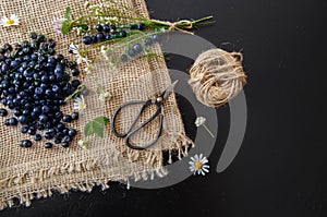 Blueberries on burlap with meadow flowers.