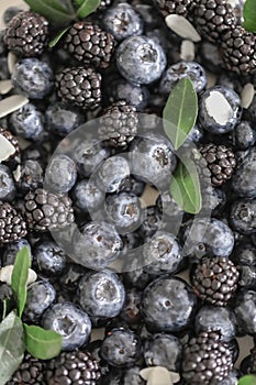 Blueberries and blueberries in close-up on the cake