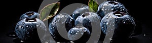 Blueberries With Droplets On Black Background Wde Panoramic. Generative AI