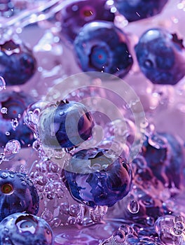 Blueberries falling in water. Vertical layout. Reflections. Transparent composition for poster