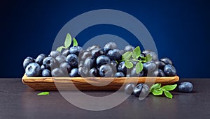 Blueberries with green leaves in wooden dish