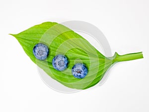 Blueberries on a leaf. on a white background. stack of blueberries with green leaves isolated on white background