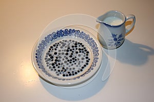 Blueberries and milk in vintage dishes