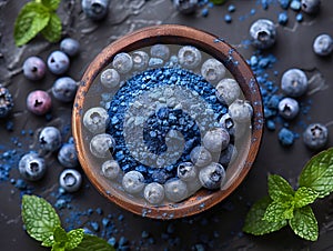 Blueberries and mint leaves in a bowl