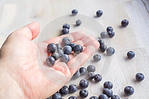 Blueberries in the open palm of a person and scattered on a table