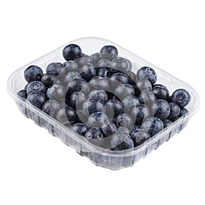 Blueberries in plastic box container isolated on white background