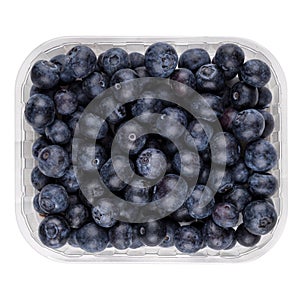 blueberries in plastic box container isolated on white background,top view.