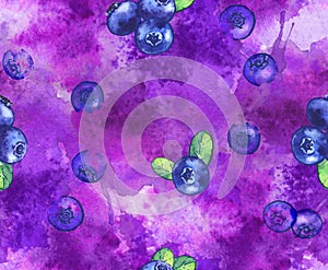 Blueberries on purple splash background. Watercolor seamless pattern