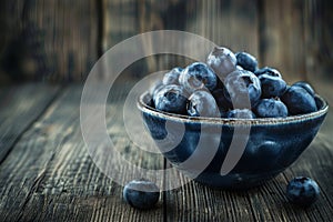 blueberries in rustic bowl on wooden table, low key style, generative AI