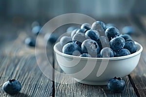 blueberries in rustic bowl on wooden table, low key style, generative AI
