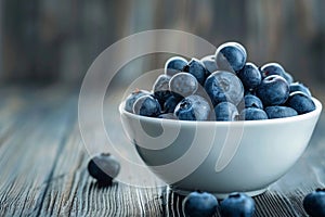 blueberries in rustic bowl on wooden table, low key style, generative AI