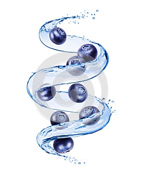 Blueberries with splashes of water in a swirling shape