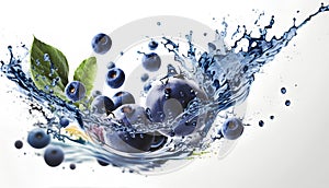 Blueberries splashing into water, isolated on white background. 3d illustration