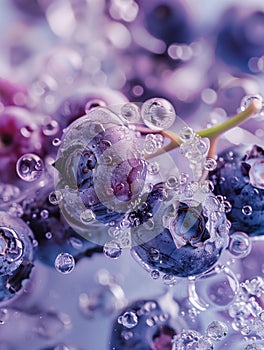 Blueberries on stems in small water bubbles. Vertical layout