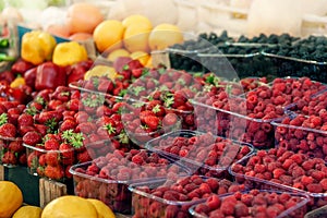 Blueberries, strawberries, raspberries and blackberries are prepared for sale at the farmers ` market. Fruits on the market