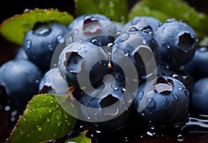 Blueberries with water drops on a black background. Shallow depth of field