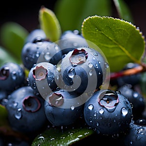 Blueberries with water drops on a black background. Shallow depth of field