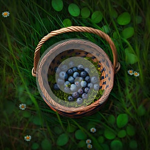 Blueberries in a wicker basket on green grass. summer