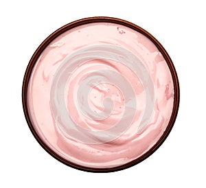 Blueberries yogurt in brown bowl , pink nature yogurt texture ,