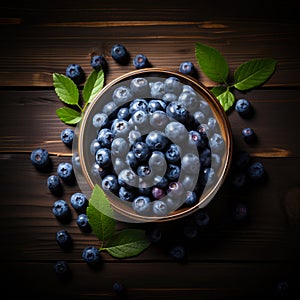 Blueberry banner. Bowl full of blueberries. Close-up food photography background